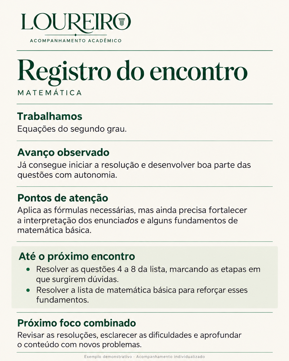 Exemplo demonstrativo de registro do encontro: conteúdo trabalhado, avanço observado, pontos de atenção, tarefas e próximo foco combinado.